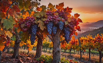 Wall Mural - A vineyard with a tree full of grapes and leaves. The grapes are ripe and ready to be picked