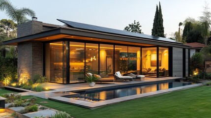 Aufkleber - A contemporary house featuring large glass windows and a solar panel roof stands beside a sleek pool. The warm evening light highlights the lush garden and outdoor lounge area.