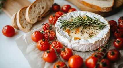 Sticker - Delicious Camembert cheese with rosemary served with seasoned tomatoes and fresh baguette on a white table