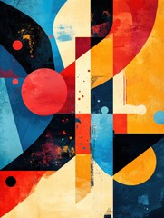 Fototapete - Bold colors and overlapping geometric forms create an energetic composition filled with abstract paint strokes and circular patterns. Generative AI