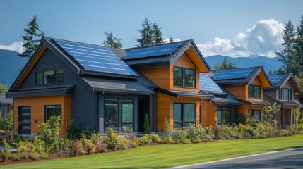 Poster - A row of contemporary houses featuring solar panels on the roofs, nestled among vibrant foliage with majestic mountains in the background under clear blue skies.