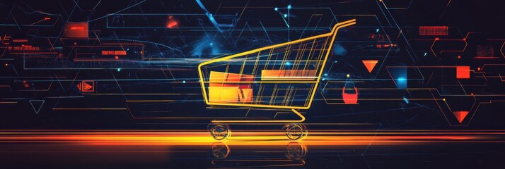 Aufkleber - Colorful geometric shapes and flowing lines create an abstract representation of a shopping cart against a dynamic digital backdrop. Generative AI