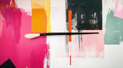 Aufkleber - Bright abstract paint strokes in various colors and geometric shapes accompany a brush resting atop, illustrating creative artistic expression. Generative AI