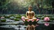 © Dzikrul Husnani - Buddha statue water lotus Buddha standing on lotus flower on background, copy space for text, ai