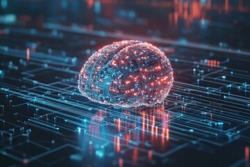 Fototapete - A digital brain glows with intricate circuitry in a cybernetic landscape, showcasing the fusion of technology and neural networks in glowing colors. Generative AI