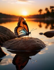 Wall Mural - A butterfly rests on a rock by the water at sunset.