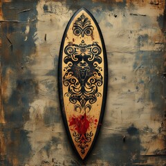 A decorative surfboard with intricate designs and a splash of red, set against a textured background.