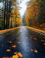 Canvas Print - A wet road winds through a forest in autumn. Golden leaves line the sides of the road, creating a picturesque scene.