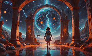 Wall Mural - a girl is walking through a tunnel in a space filled with planets and stars. the tunnel is surrounde