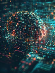 Poster - Vivid digital brain depicted in a network of glowing lines and data points, symbolizing advanced technology and cognitive processes. Generative AI
