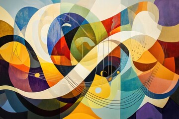 Poster - Dynamic shapes and vibrant colors create a lively abstract depiction of sound waves and musical elements, celebrating creativity and music. Generative AI