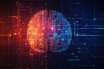 Aufkleber - A vivid digital brain illustration featuring interconnected neural patterns in red and blue, symbolizing intelligence and technology. Generative AI