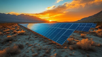 Aufkleber - Rows of solar panels reflect the warm glow of a sunset over a desert landscape framed by majestic mountains, emphasizing sustainable energy.
