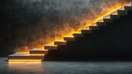 Fototapete - A sleek staircase illuminated by warm light ascends into a dark, modern room, showcasing an intriguing blend of design and ambiance. Generative AI