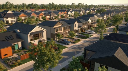 Poster - A tranquil suburban neighborhood features neatly arranged houses surrounded by lush greenery during the late afternoon.