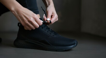  Hands tying a black sleek sneakers over minimalist background