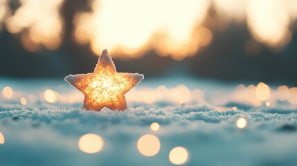 Wall Mural - A glowing Christmas star decoration sits on the snow, illuminated by soft lights, while the sun sets, enhancing the winter ambiance