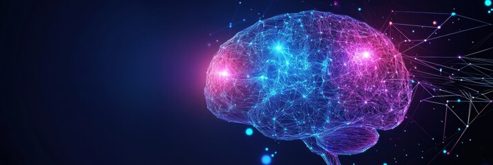 Leinwandbilder - This abstract art features a digital brain of interconnected lines and glowing nodes, representing information flow and neural links. Generative AI