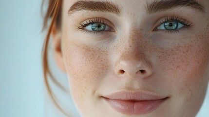 Wall Mural - Close-Up Portrait of a Young Woman with Freckles and Green Eyes, Showcasing Natural Beauty in a Soft Light Environment