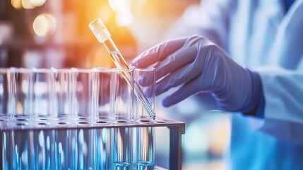 Wall Mural - Laboratory Scene with Scientist Conducting Research Using Test Tubes and Pipette in Modern Laboratory Environment Focused on Innovation and Technology