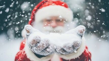 Sticker - Santa Claus smiles as he presents a beautifully wrapped Christmas gift amid swirling snow on a cold winter day