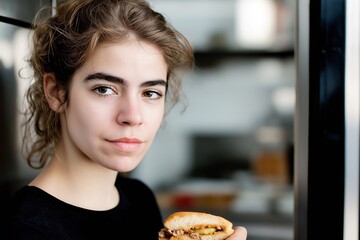 Young woman caught in midnight fridge raid looking guilty with sandwich