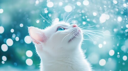 Wall Mural - a charming white cat looks upwards, captivated by glistening water droplets on a calming blue backdr