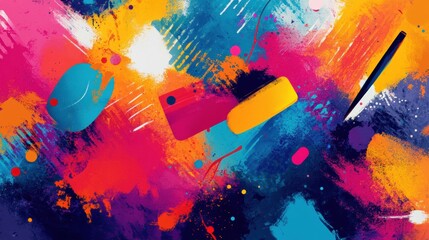 Poster - Bright colors interact in a lively abstract artwork with brush strokes and geometric shapes creating a visually stimulating experience. Generative AI
