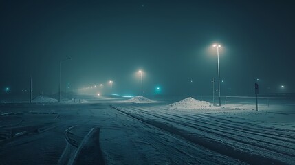 Canvas Print - A serene winter night scene with snow-covered roads and streetlights illuminating the fog.