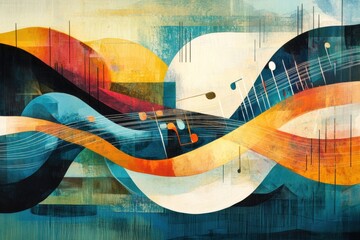 Fototapete - Colors blend to represent sound waves, musical notes flow through dynamic shapes creating an engaging auditory visual experience. Generative AI