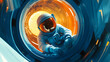 © Thiago - Young astronaut resting in spaceship portal with helmet and space suit. concept of science fiction day. Space-Time Portal. Illustration
