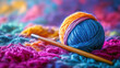 © 沈军 贡 - Colorful yarn balls and knitting needles on a colorful crocheted fabric, close-up, detailed texture, vibrant colors, macro photography style