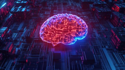 Fototapete - This artwork features a glowing digital brain set against a backdrop of intricate circuits, symbolizing advanced technology and intelligence. Generative AI