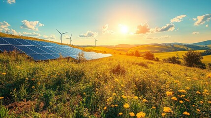 Aufkleber - The vibrant landscape showcases solar panels and wind turbines on a hillside bathed in the warm glow of a sunset. Wildflowers add color to the scene, highlighting green energy sources.