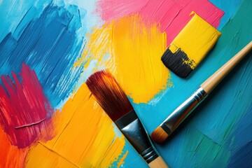 Aufkleber - Colorful abstract paint strokes blend with brushes, showcasing an energetic expression of artistic creativity and vivid hues on canvas. Generative AI