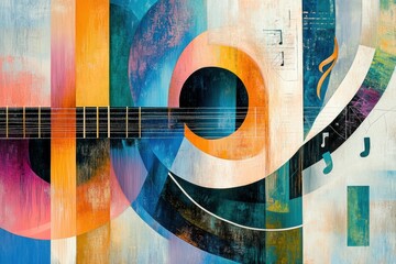 Poster - Dynamic composition showcases an interplay of sound waves, musical notes, and various instruments, creating a lively artistic expression. Generative AI