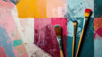 Aufkleber - Layers of abstract paint strokes in bold colors blend harmoniously while three paintbrushes lie atop a geometric design, waiting for creativity. Generative AI
