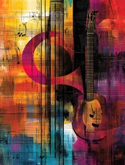 Poster - Colorful abstract design showcases sound waves, musical notes, and a guitar, illustrating a lively musical atmosphere and creativity. Generative AI