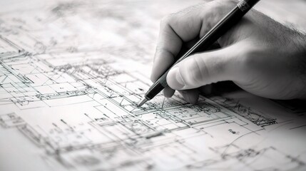 Wall Mural - Detailed Hand Drawing on Blueprints with Technical Lines and Measurements in Black and White, Ideal for Construction and Engineering Projects