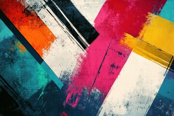 Leinwandbilder - Bold paint strokes in various colors intersect with geometric shapes, showcasing an energetic abstract design that captivates the viewer's attention. Generative AI