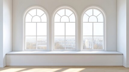 Sticker - Bright, minimalist room with three arched windows and a view.