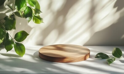 Wall Mural - Wooden round plate with green leaves, soft shadows, natural light, minimalistic design