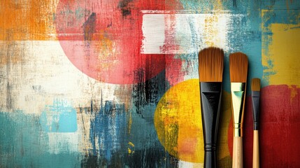 Poster - Colorful abstract paint strokes are layered with geometric shapes, alongside brushes displaying the tools of an artist's creative process. Generative AI