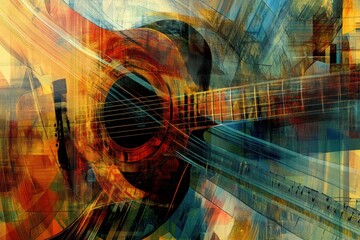 Fototapete - Vivid colors and dynamic shapes illustrate sound waves and musical notes flowing around an acoustic guitar, creating an energetic ambiance. Generative AI