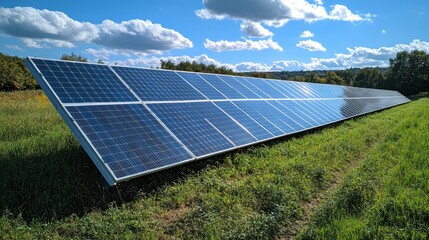 Wall Mural - Solar panels are aligned in a large field under a bright blue sky with fluffy clouds. The installation showcases renewable energy amid abundant nature.