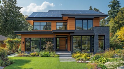 Poster - A contemporary house featuring solar panels sits amidst vibrant gardens. The architecture blends natural materials with large windows, providing a bright atmosphere.