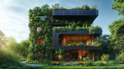 Poster - A contemporary house enveloped in greenery features solar panels on its roof. The vibrant structure stands out in a lush environment, emphasizing an eco-friendly lifestyle.