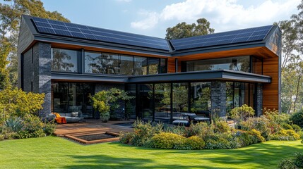 Poster - This listing showcases a contemporary home combining sustainable elements such as solar panels with a vibrant garden. Large windows reflect the surrounding greenery.