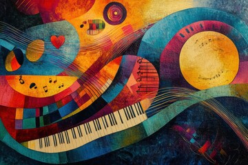 Fototapete - Vibrant shapes depict sound waves, musical notes, and instruments, illustrating the harmony and creativity inherent in music. Generative AI