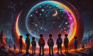 Wall Mural - a group of children are standing in front of a large, colorful, glowing orb. the children are wearin